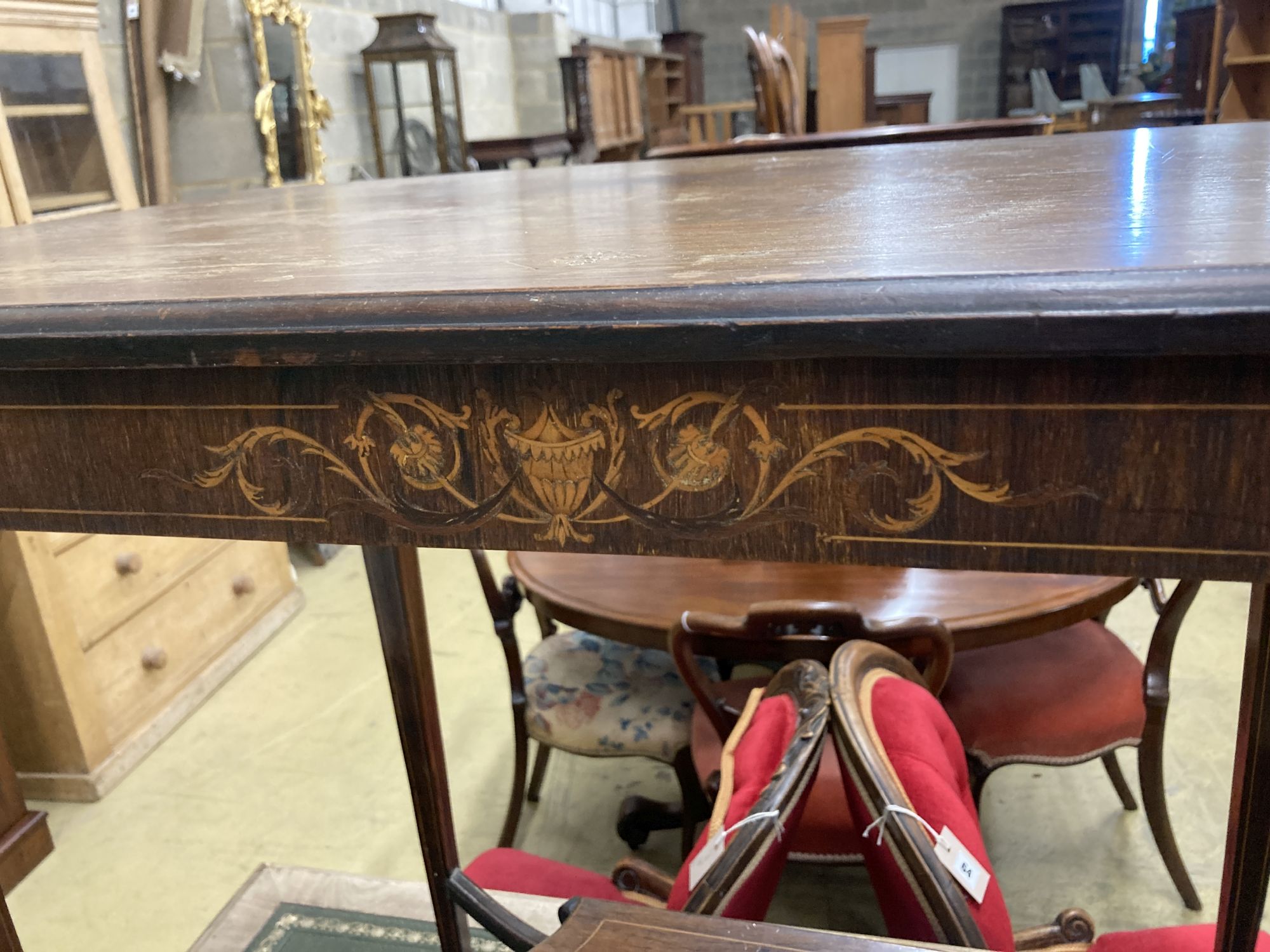 A late Victorian inlaid rosewood rectangular occasional table, width 84cm, depth 45cm, height 71cm
